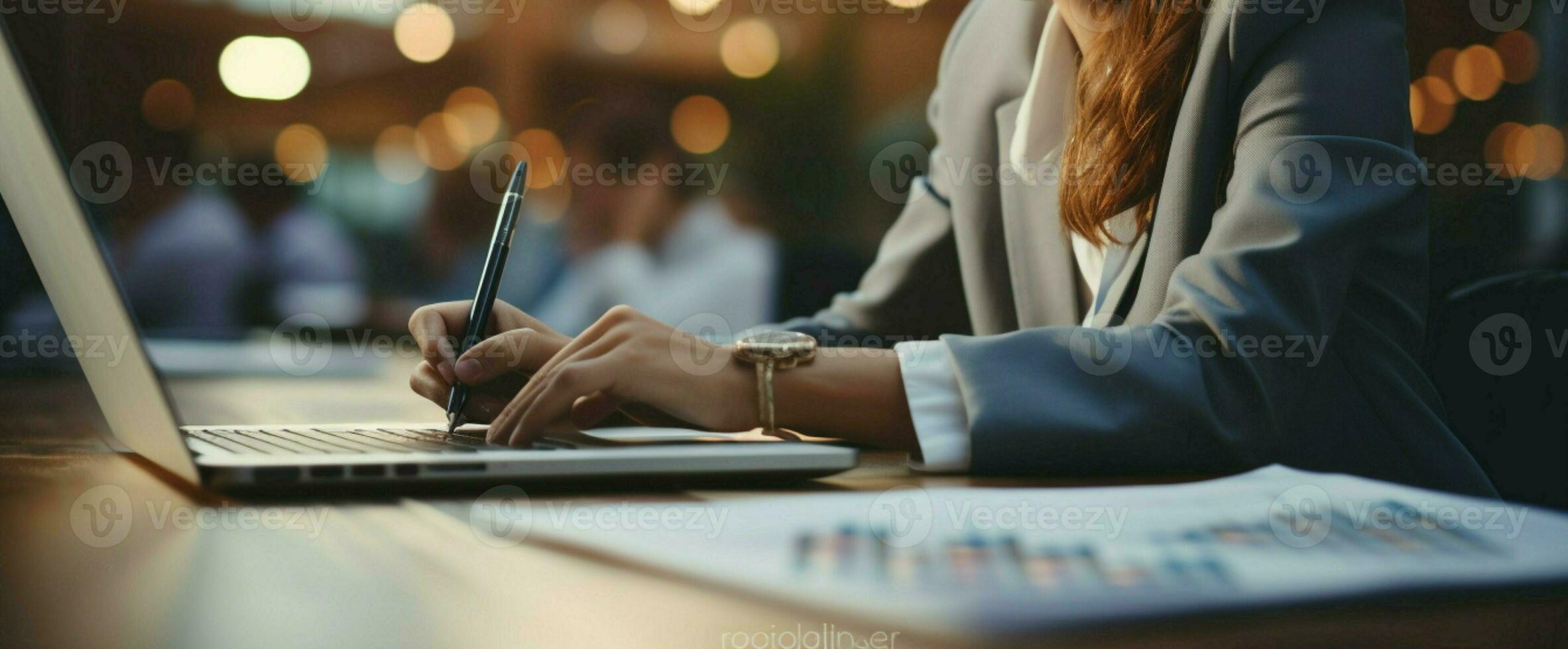 collaborativo ufficio ambiente donna d'affari e squadra leva computer portatili per sincronizzato produttività ai generato foto