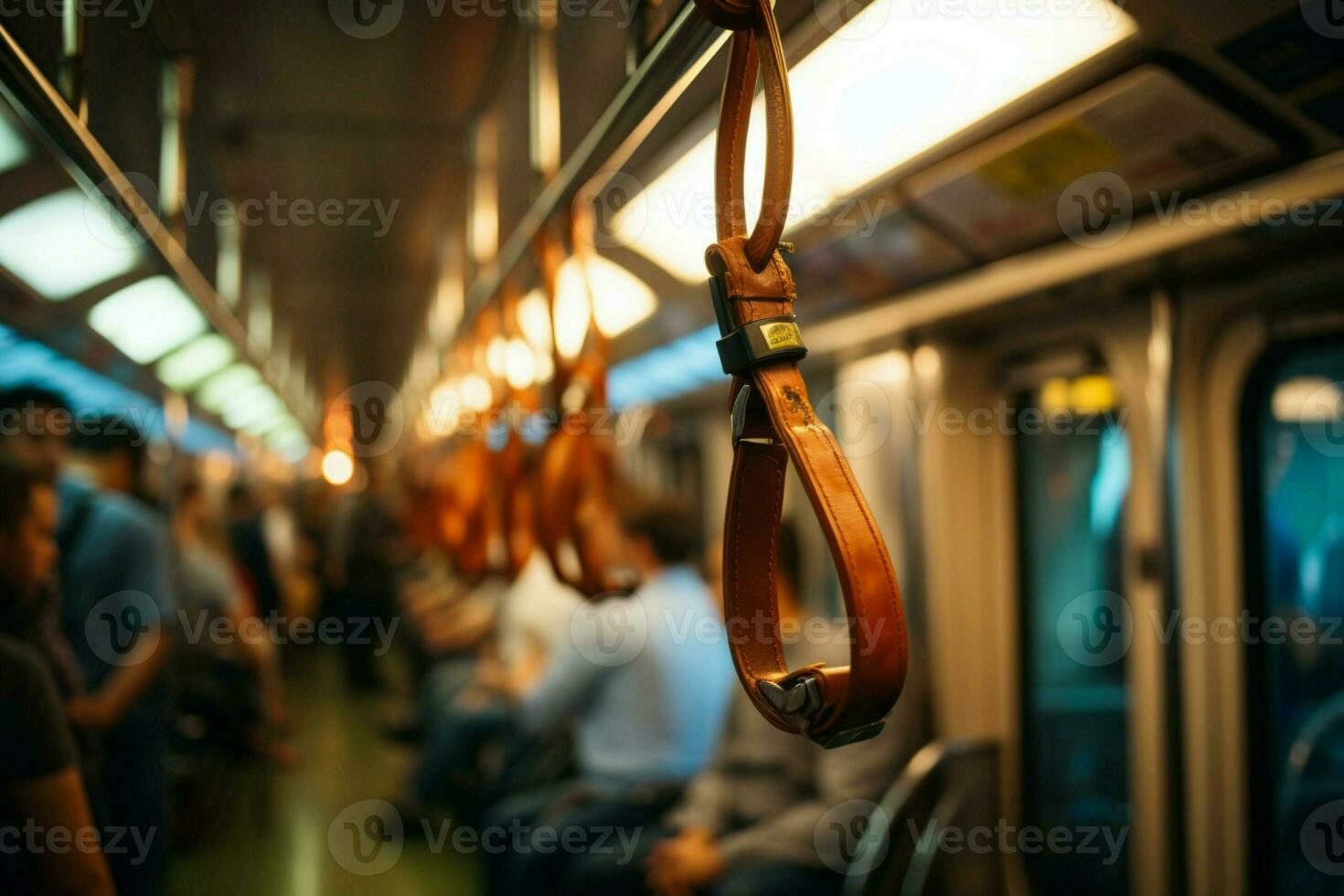 selettivo messa a fuoco su presa sfocato mano protegge cinghia, garantendo sicurezza nel metropolitana viaggio. ai generato foto