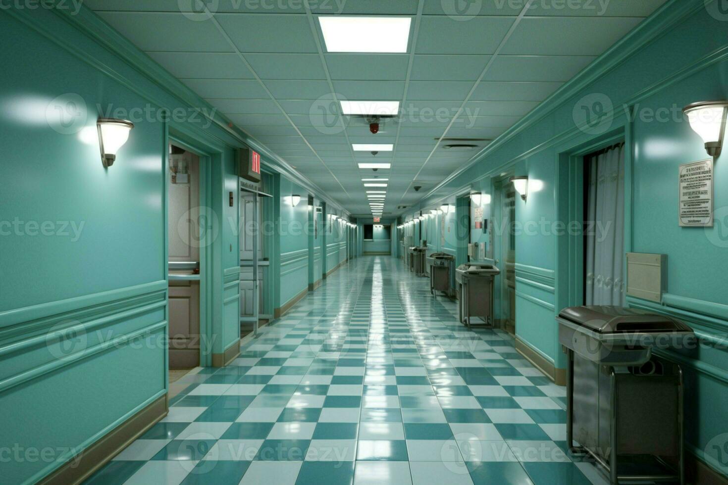 vuoto corridoio nel medico facilità, un' silenzioso sentiero in mezzo dormiente paziente camere ai generato foto