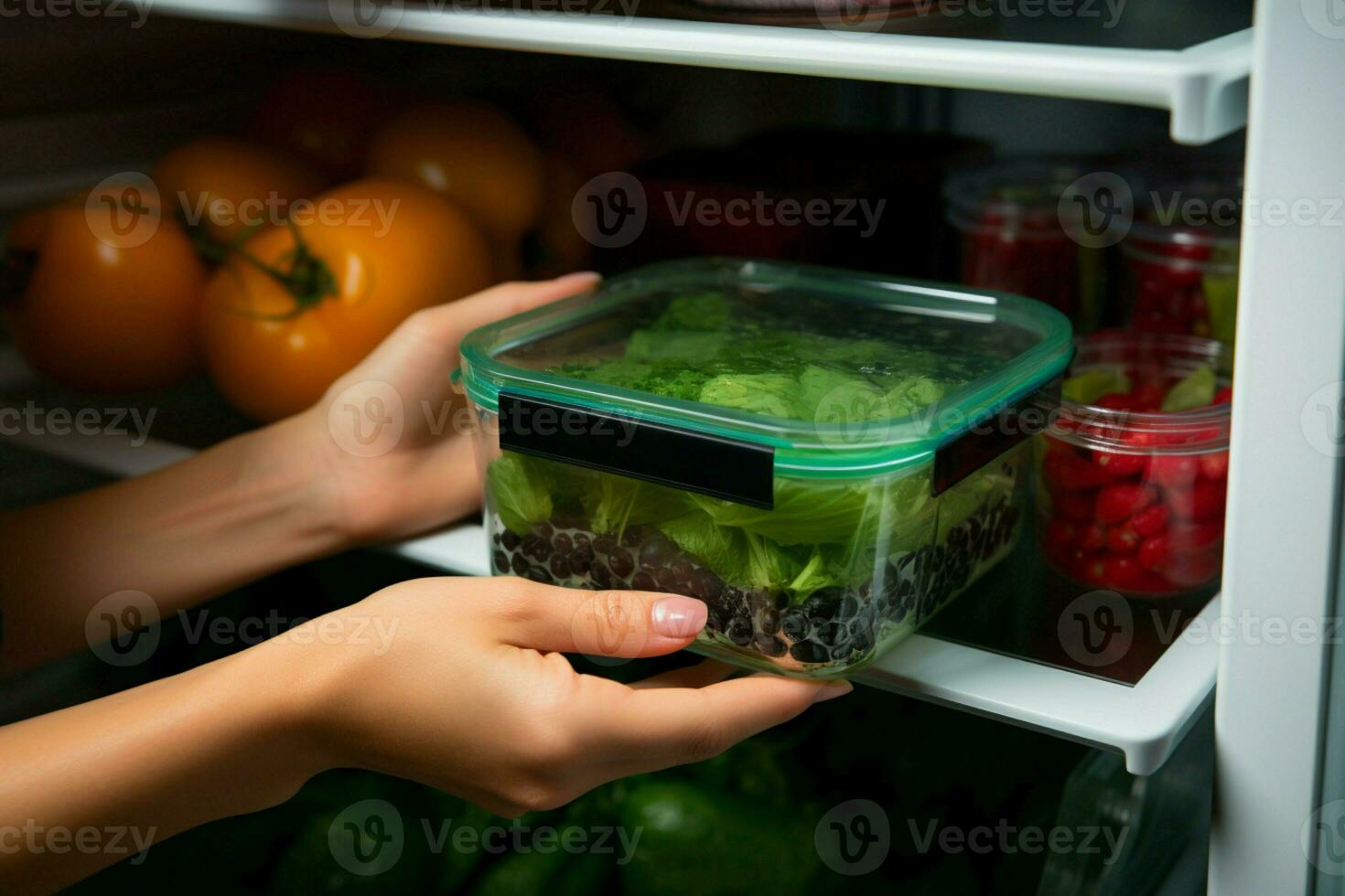 praticità nel messa a fuoco womans mani rimuovere cibo contenitore a partire dal frigorifero, vicino su tiro ai generato foto