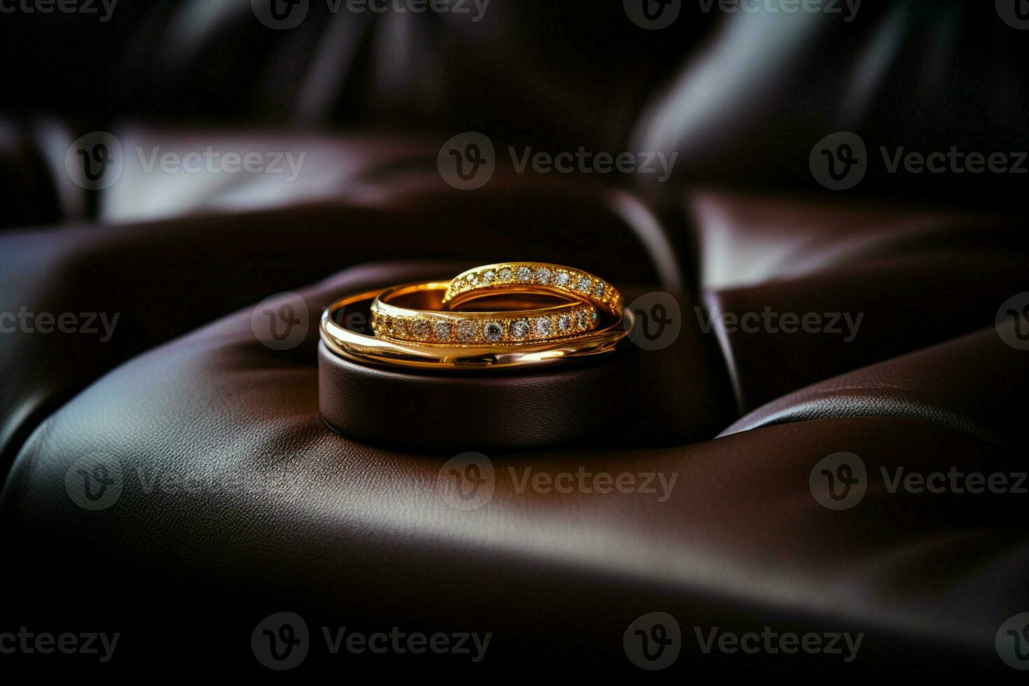 oro anelli riposo su il opulento superficie di un' elegante pelle divano ai generato foto