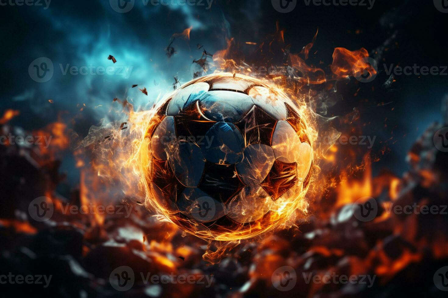 drammatico messa a fuoco, netto increspature, calcio palla celebra obbiettivo nel elettrizzante stadio ai generato foto