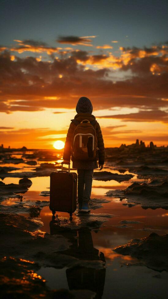 fantasioso viaggiare, silhouette di bambino su valigia, contro ambientazione sole verticale mobile sfondo ai generato foto