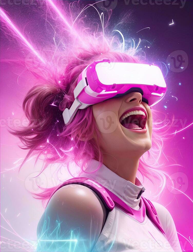 ai generativo, donna avendo divertimento nel virtuale realtà, vr bicchieri foto