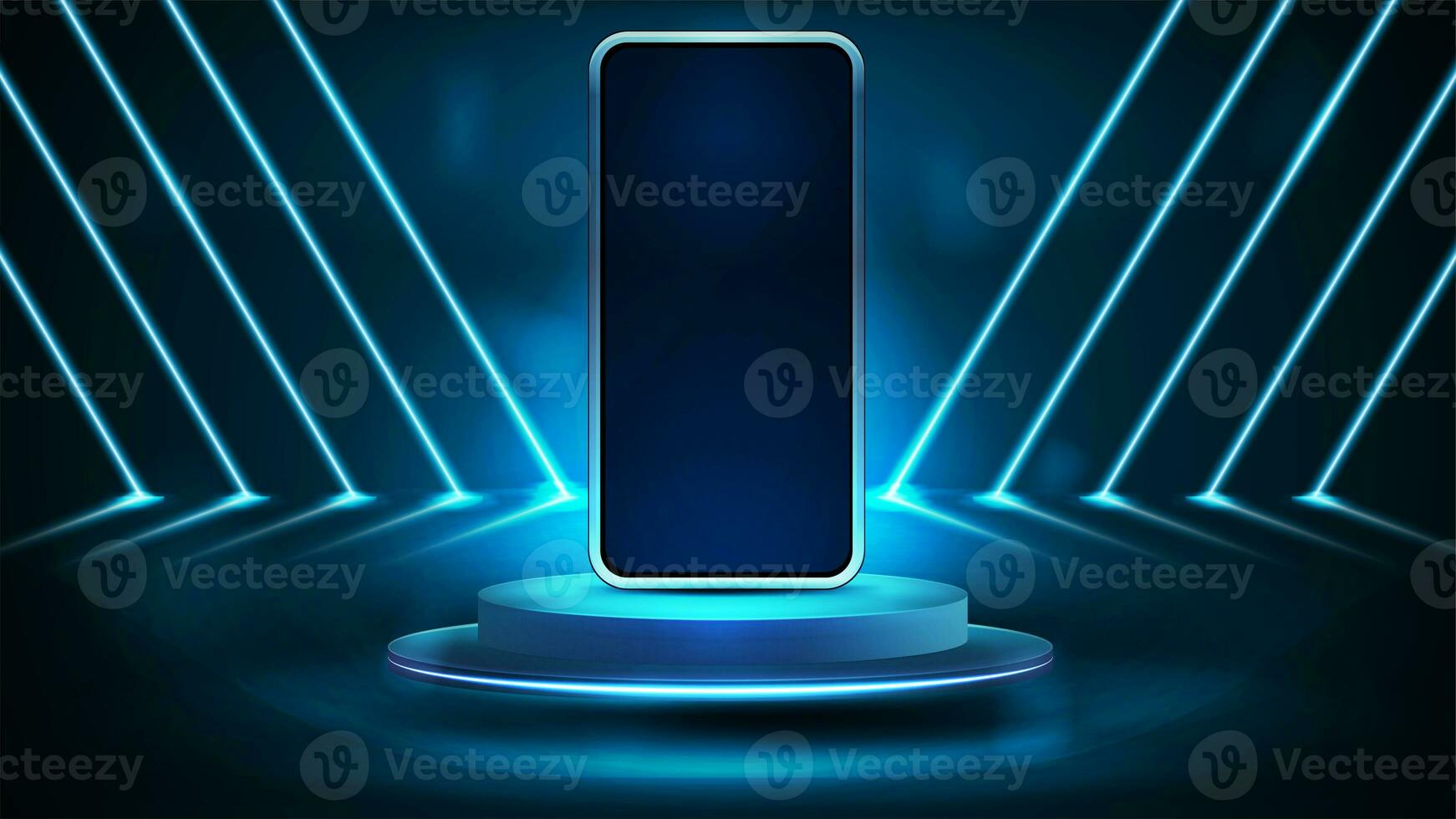 smartphone su podio nel vuoto blu scena con diagonale blu linea neon lampade su sfondo. smartphone modello con neon elementi foto