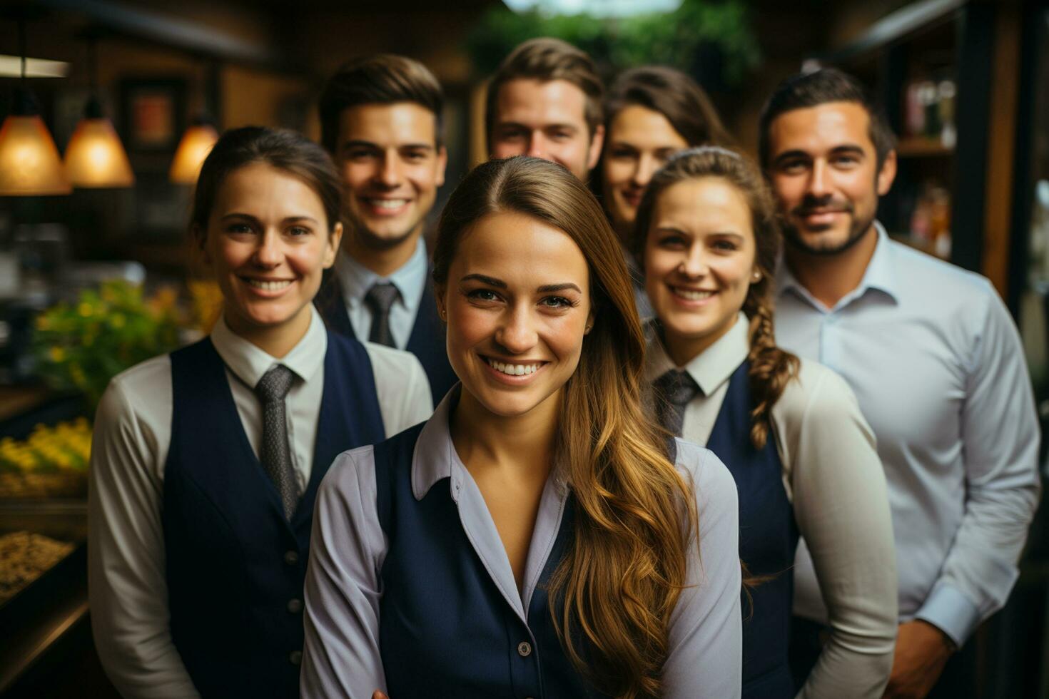 ai generativo gruppo di contento attività commerciale uomo e attività commerciale donne, vestito nel tute siamo sorridente, nel il ufficio foto