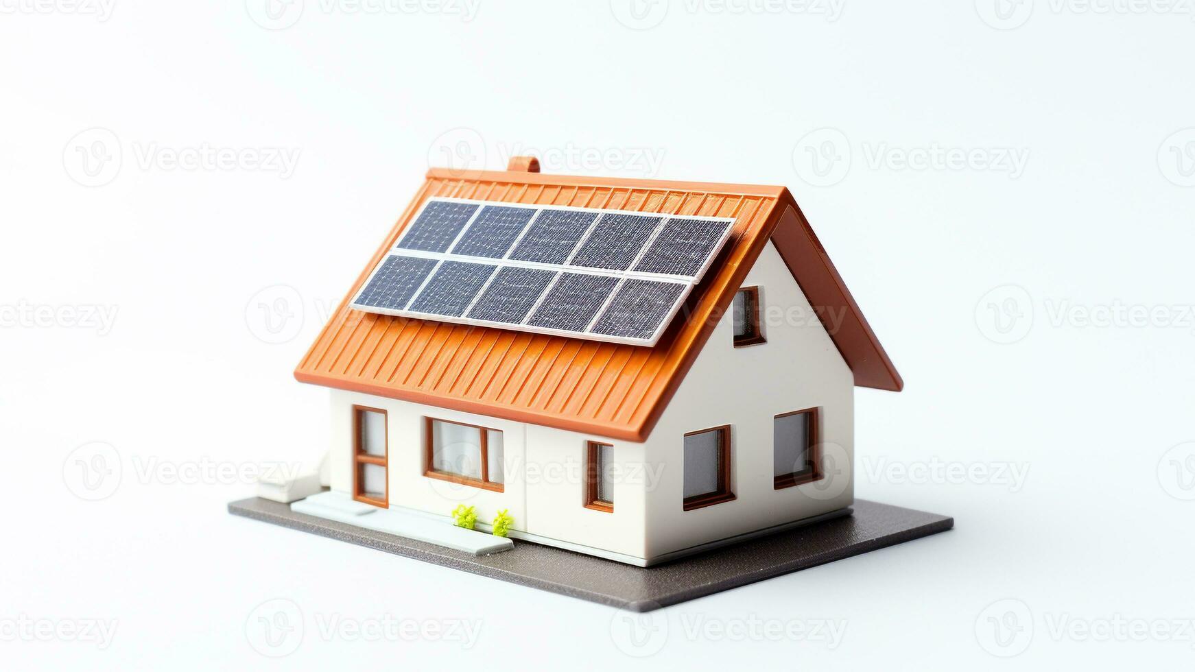 miniatura Casa modello con solare pannello su tetto su bianca sfondo. inteligente casa energia Salvataggio concetto. generativo ai foto