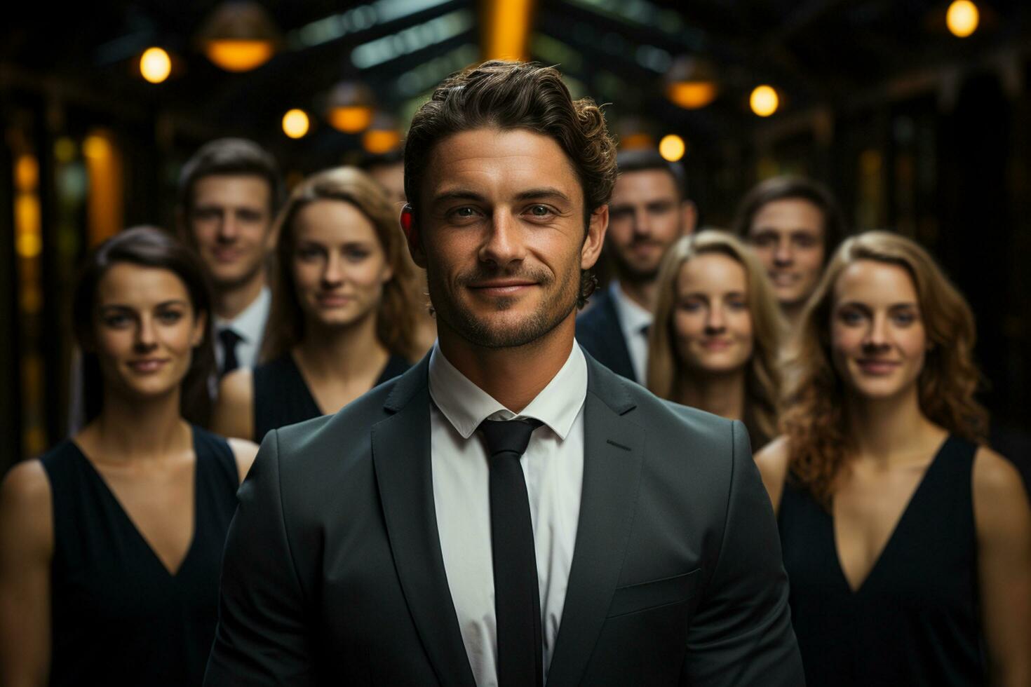 ai generativo gruppo di contento attività commerciale uomo e attività commerciale donne, vestito nel tute siamo sorridente, nel il ufficio foto