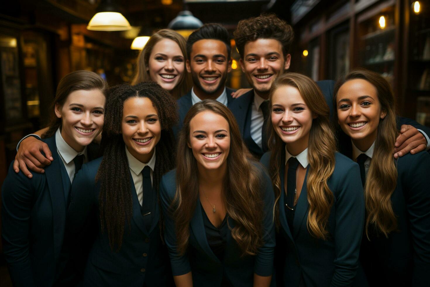 ai generativo gruppo di contento attività commerciale uomo e attività commerciale donne, vestito nel tute siamo sorridente, nel il ufficio foto