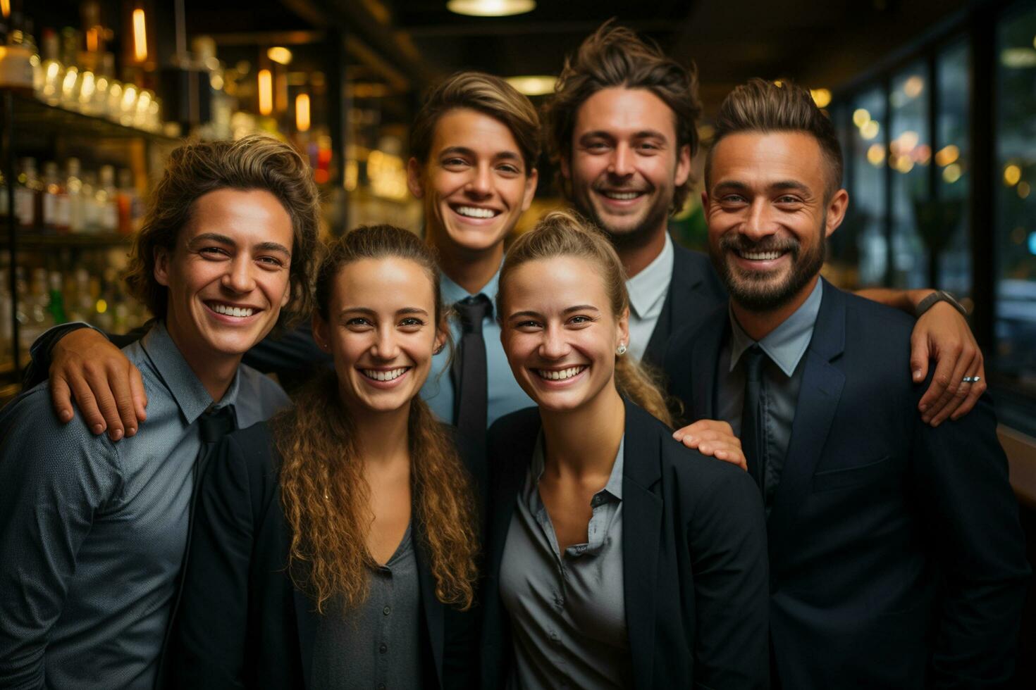 ai generativo gruppo di contento attività commerciale uomo e attività commerciale donne, vestito nel tute siamo sorridente, nel il ufficio foto