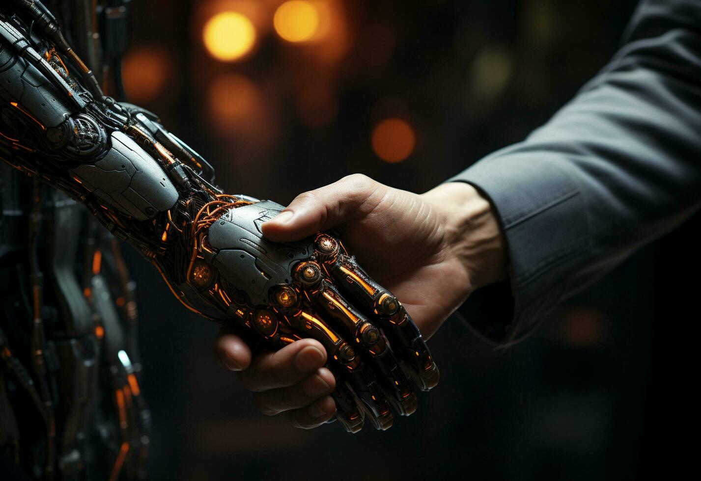ai generativo stretta di mano, uno umano maschio mano, uno robot mano nel un ufficio sfondo foto