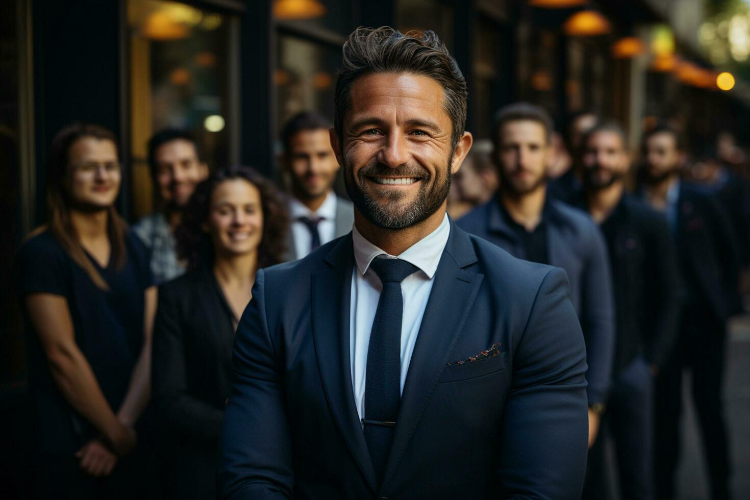 ai generativo gruppo di contento attività commerciale uomo e attività commerciale donne, vestito nel tute siamo sorridente, nel il ufficio foto