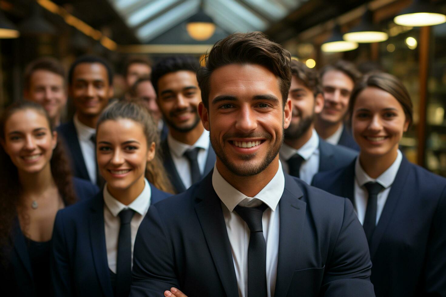 ai generativo gruppo di contento attività commerciale uomo e attività commerciale donne, vestito nel tute siamo sorridente, nel il ufficio foto