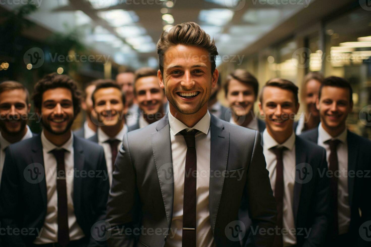 ai generativo gruppo di contento attività commerciale uomo e attività commerciale donne, vestito nel tute siamo sorridente, nel il ufficio foto