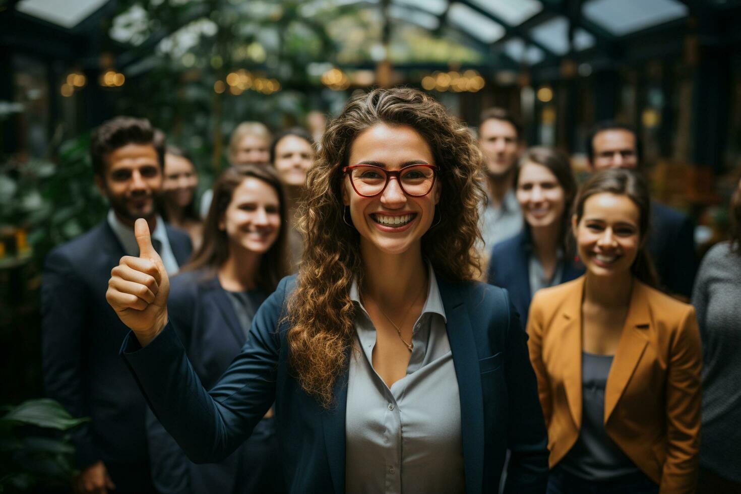 ai generativo gruppo di contento attività commerciale uomo e attività commerciale donne, vestito nel tute siamo sorridente, nel il ufficio foto