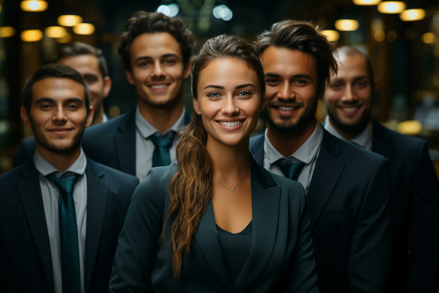 ai generativo gruppo di contento attività commerciale uomo e attività commerciale donne, vestito nel tute siamo sorridente, nel il ufficio foto