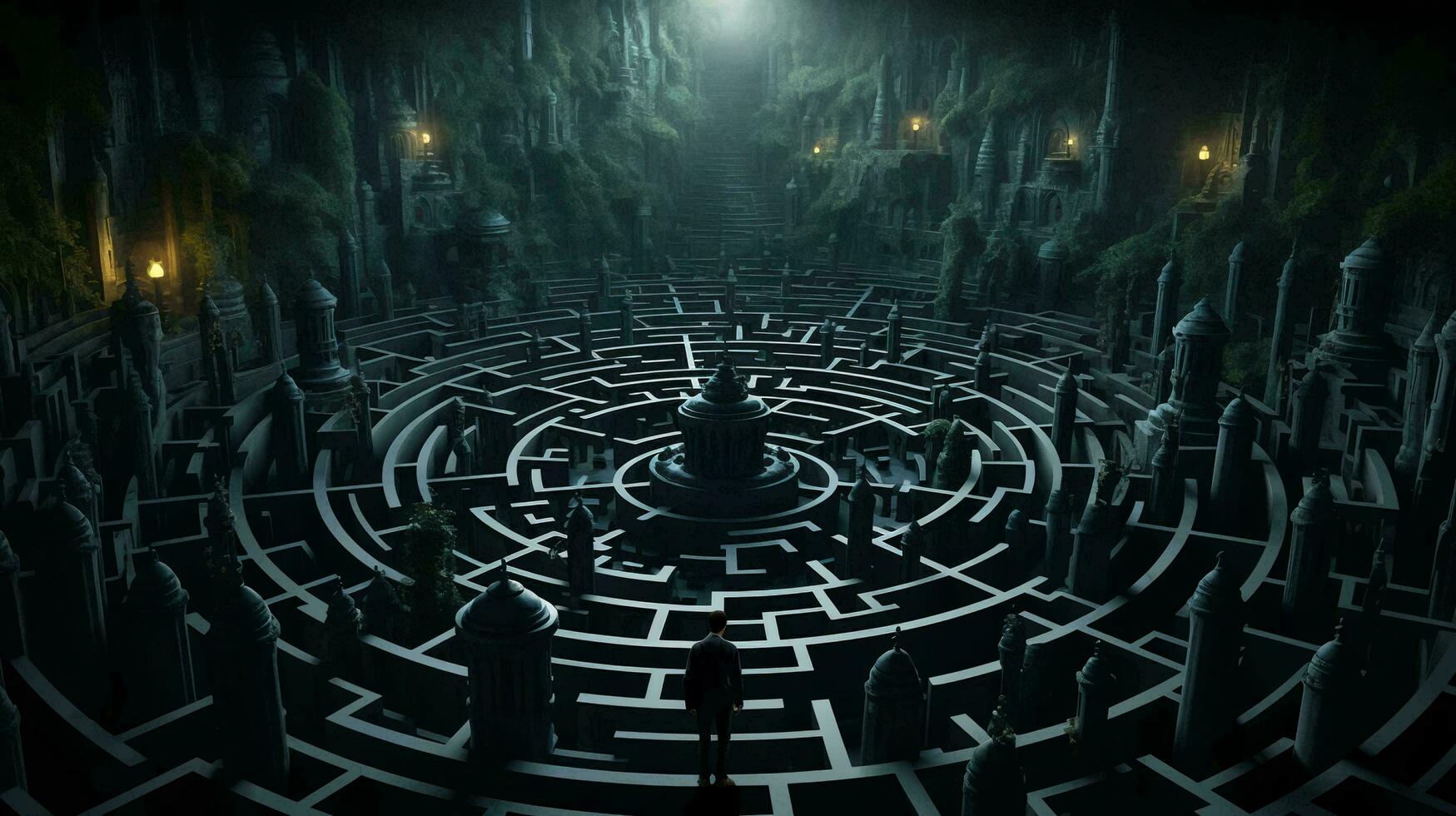 un' uomo sta nel un' labirinto e pensa, Visualizza a partire dal il Indietro. il concetto di difficoltà nel fabbricazione un' decisione foto