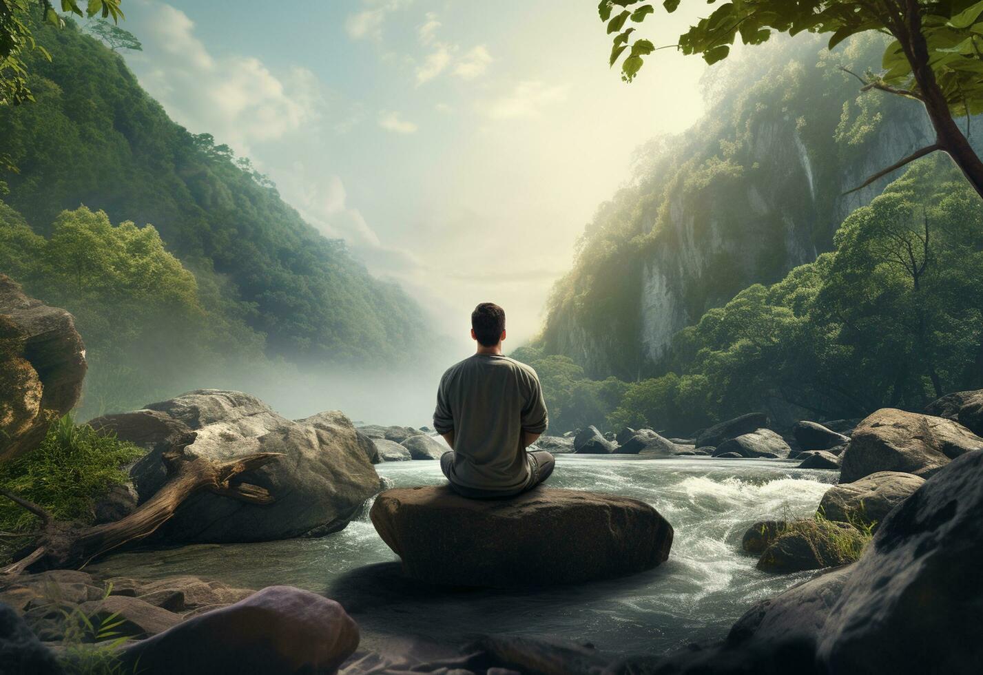 ai generativo foto di un' uomo praticante consapevolezza e meditazione nel un' tranquillo, calmo naturale ambiente sony a7s realistico Immagine, ultra hd, alto design molto dettagliato