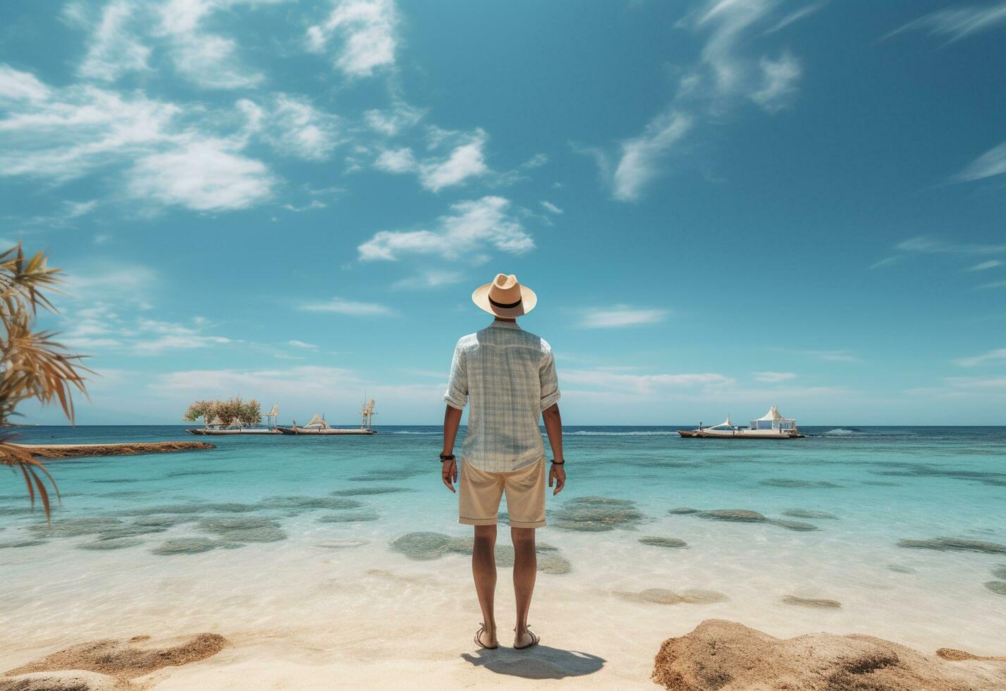 ai generativo indietro Visualizza giovane turista uomo nel estate vestito e cappello in piedi su bellissimo sabbioso spiaggia. godendo. foto