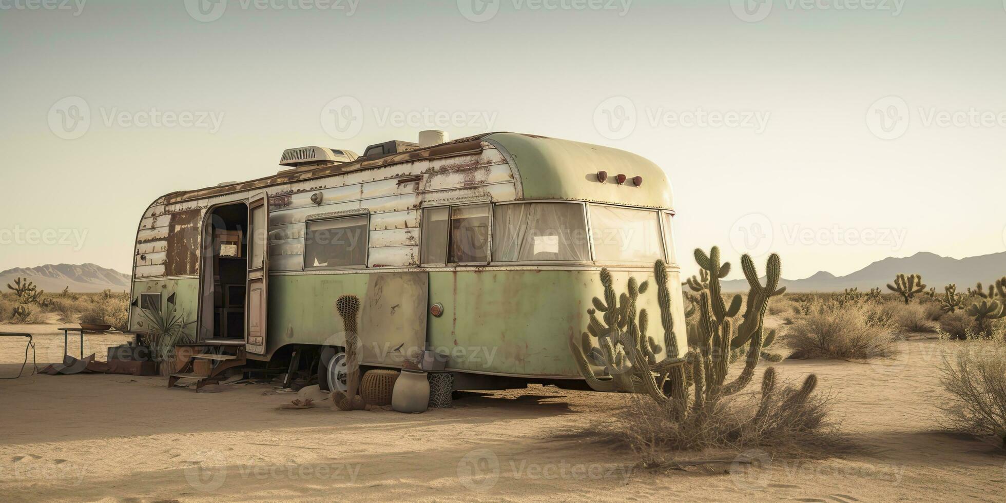 ai generato. ai generativo. vecchio metallo rustico abbandonato Vintage ▾ camper rv auto Casa nel deserto. avventura sfondo stile di vita. grafico arte foto