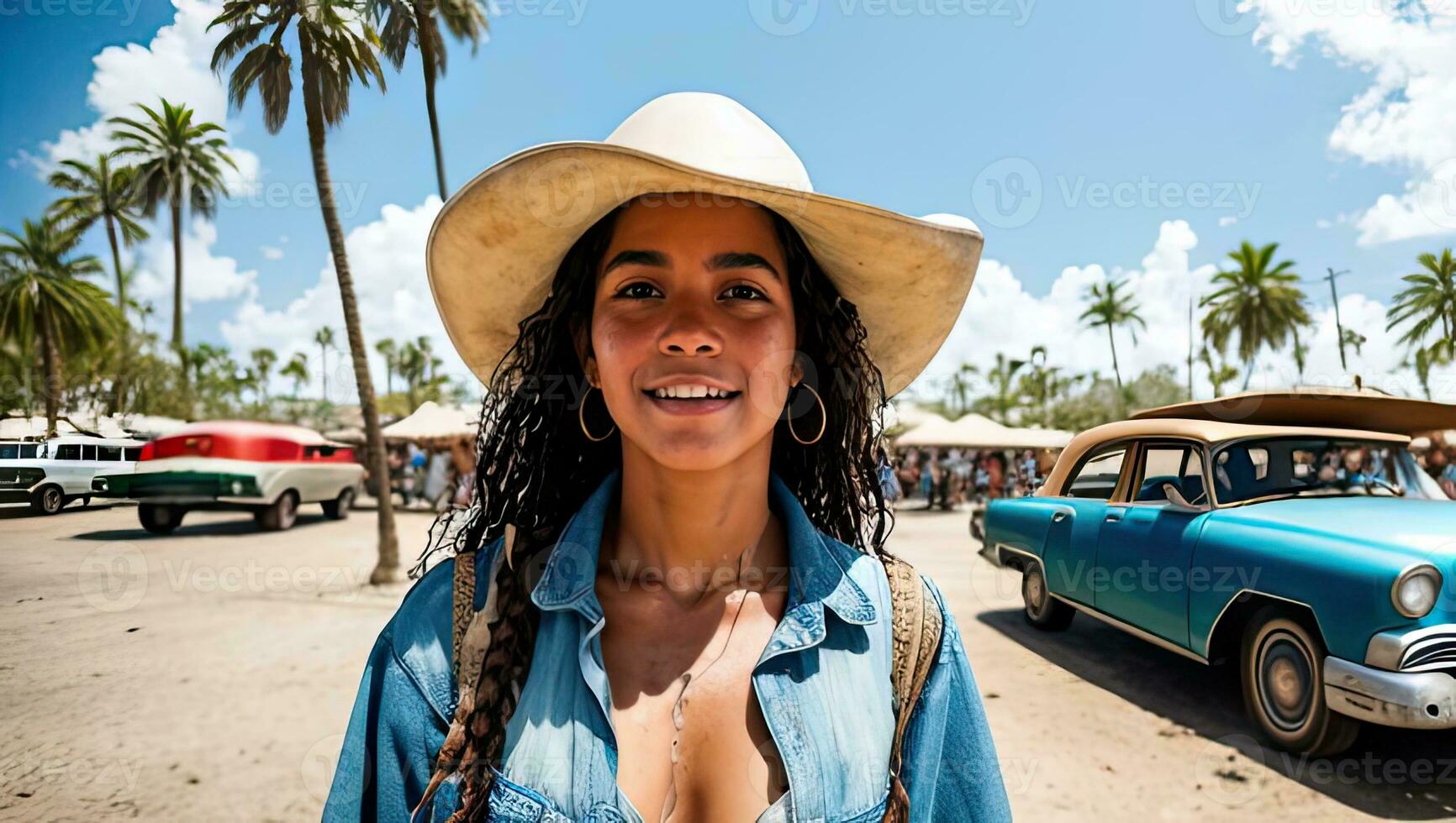 cubano ragazza nel cappello e jeans camicetta in piedi al di fuori nel davanti di un vecchio macchine e palme. generativo ai foto