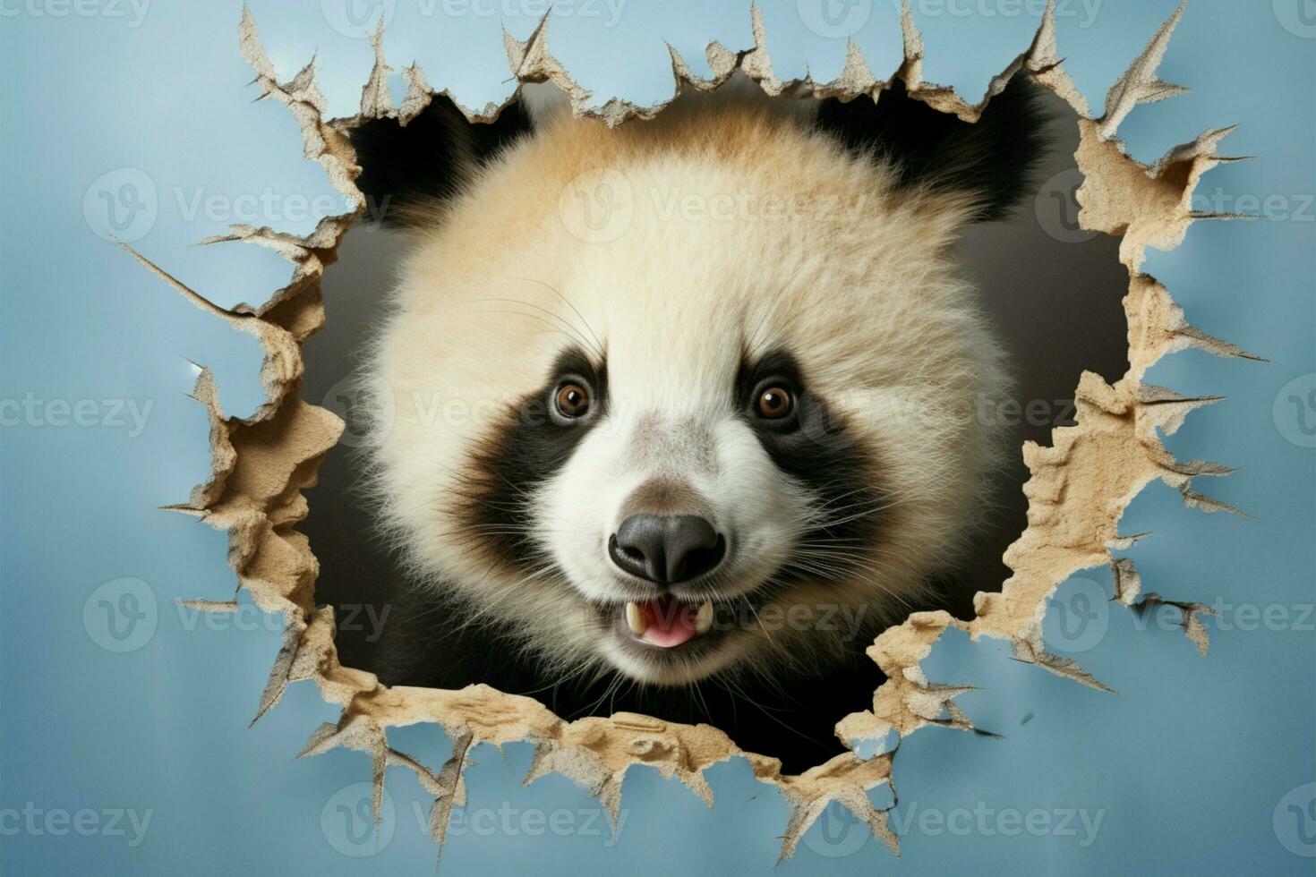 giocoso panda sbircia attraverso strappato parete, inquadratura vuoto copia spazio ai generato foto