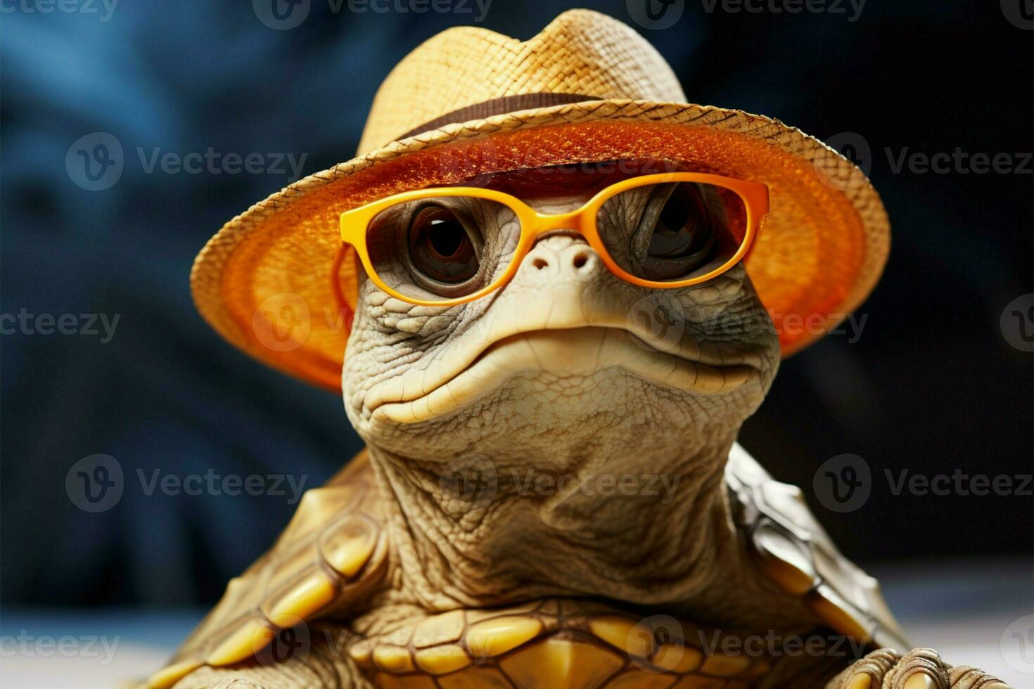 con stile composto, tartaruga indossa cannuccia cappello e occhiali da sole con casuale eleganza ai generato foto