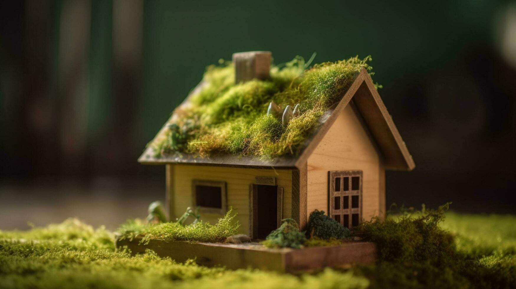 un' piccolo Casa con un' verde tetto nel il erba, generativo ai foto