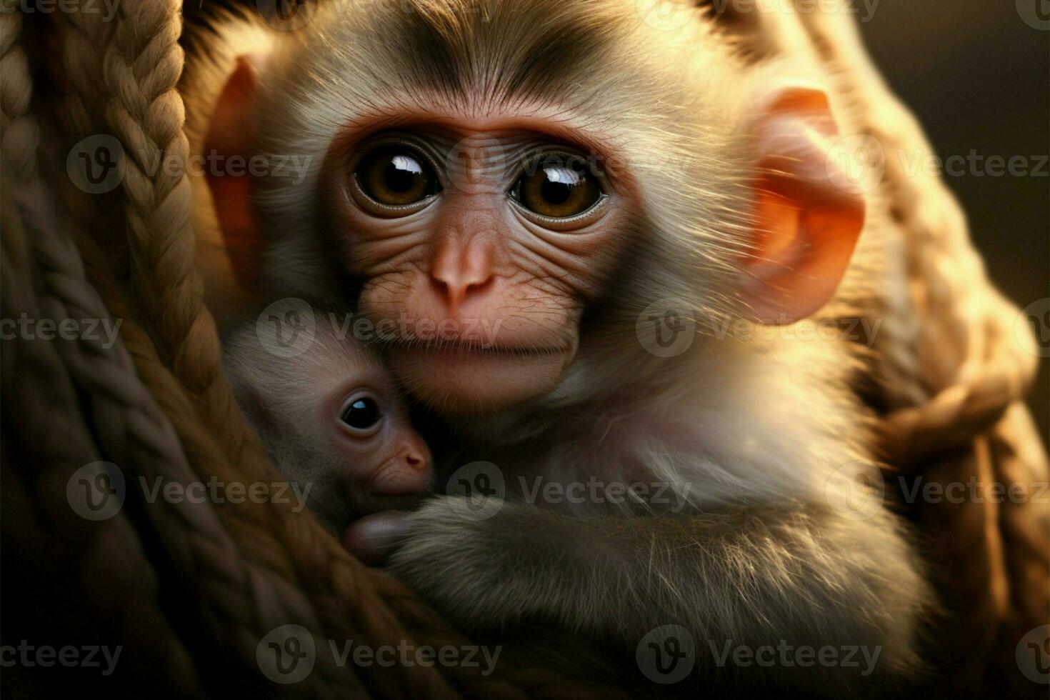 un' madre scimmia amorevolmente culle sua prezioso bambino nel sua braccia ai generato foto