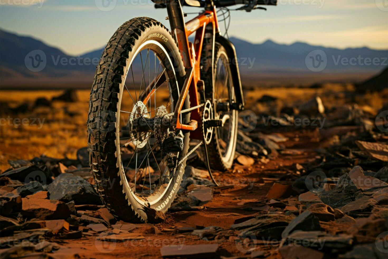 messa a fuoco su piatto pneumatico montagna bicicletta messo da parte su sentiero, in attesa pneumatico riparazione ai generato foto