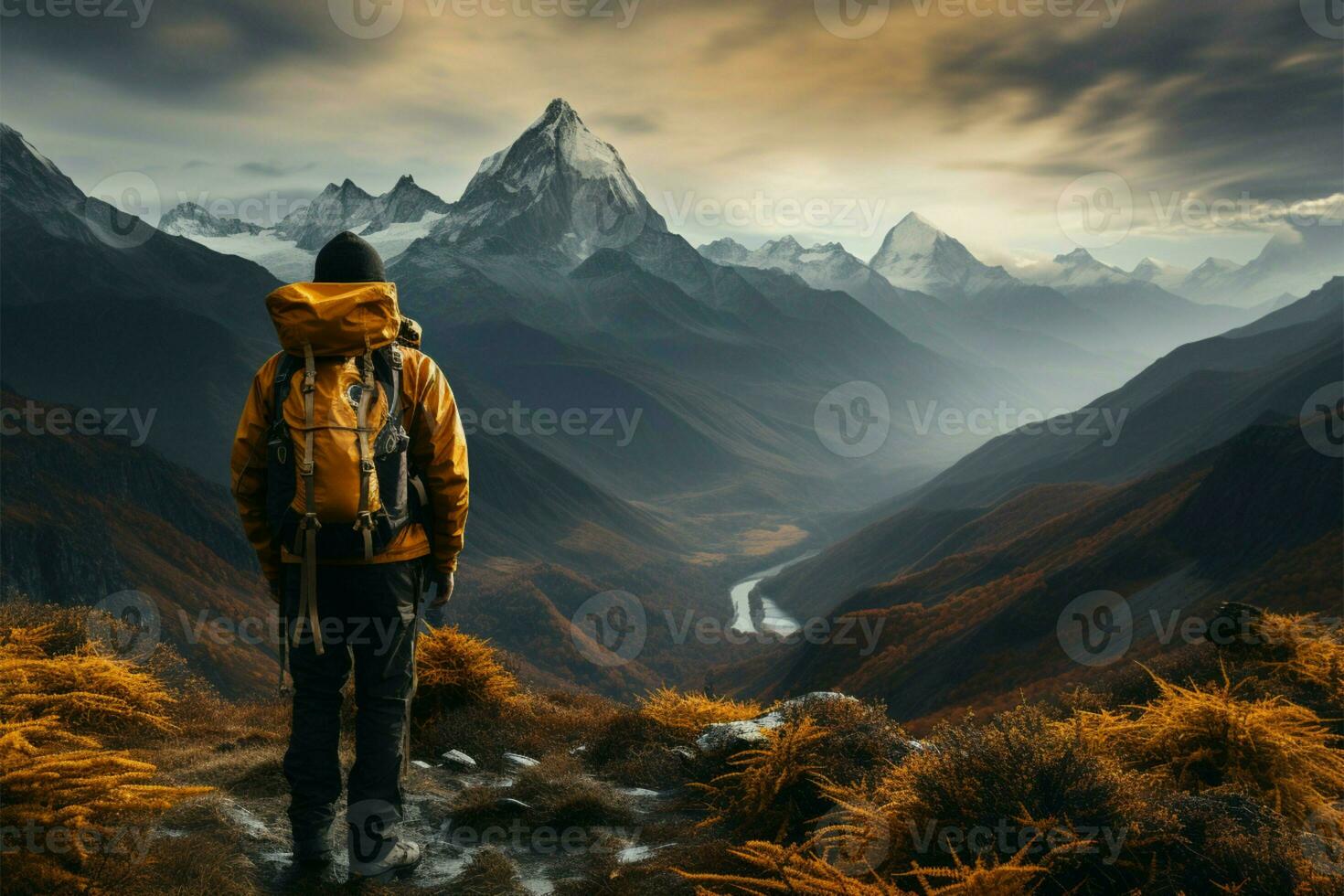 viaggio si svolge come un' viaggiatore, giallo con lo zaino in spalla, abbraccia montagna bellezza ai generato foto