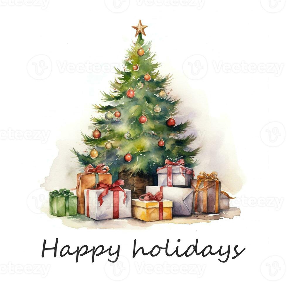 carta con acquerello Natale albero con regalo scatole e giocattoli. acquerello Vintage ▾ verde classico Natale albero. vacanza illustrazione per disegno, Stampa, tessuto o sfondo. generativo ai foto