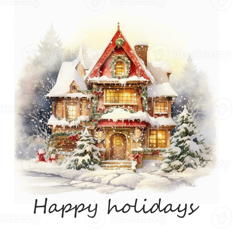 saluto carta con Natale casa decorazione, Natale Casa. acquerello. vacanza illustrazione per disegno, Stampa, tessuto o sfondo. generativo ai foto