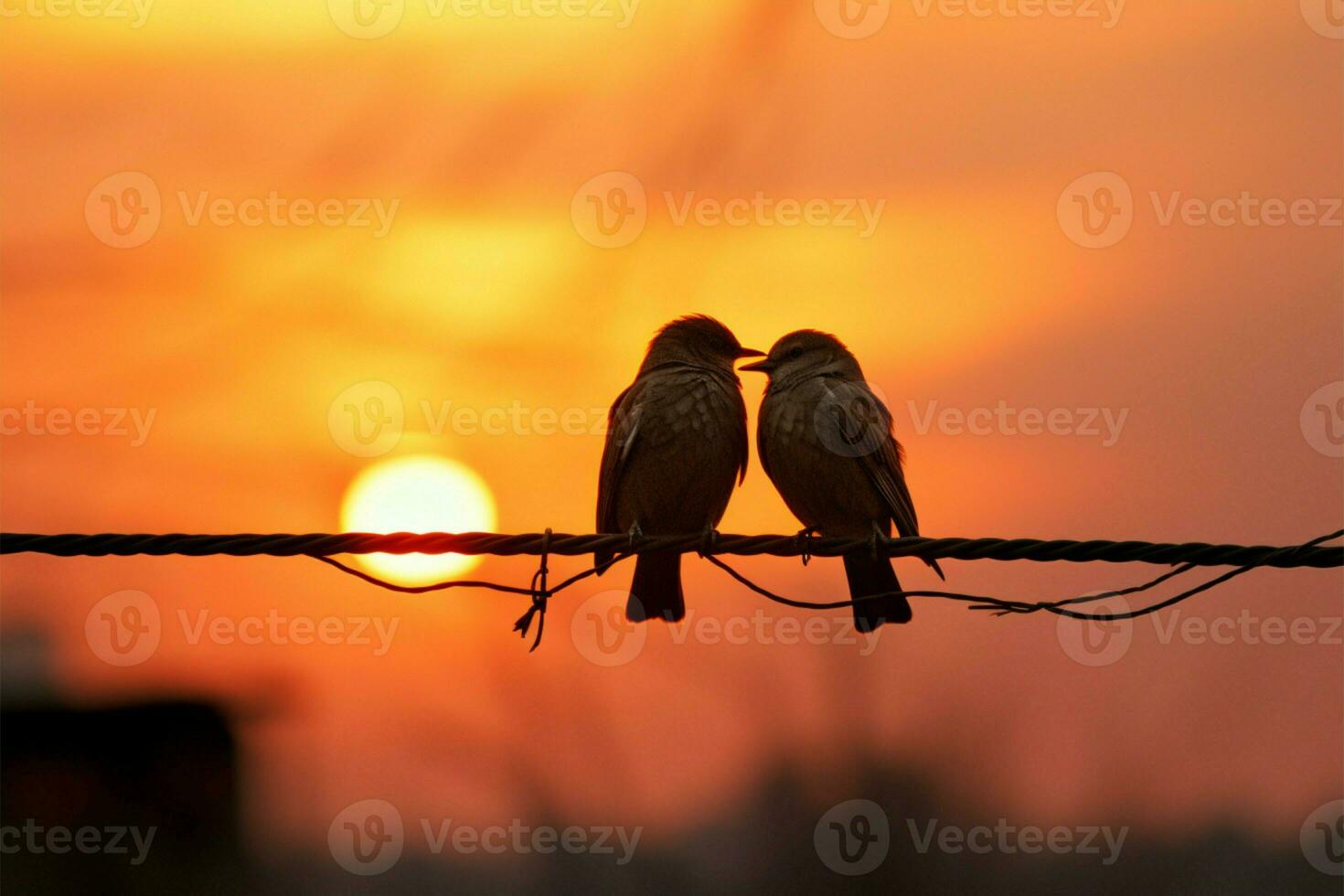 staglia uccello coppia trova amore su fili contro tramonti tela ai generato foto