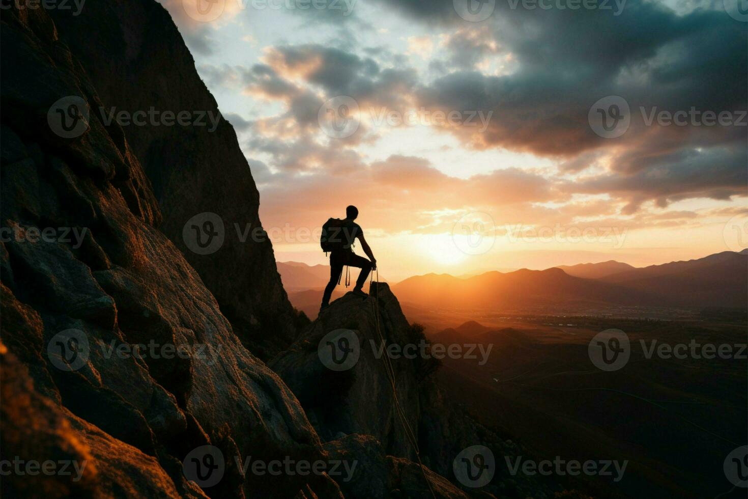 un' uomo nel il suo 30s conquista un' montagna picco a tramonto ai generato foto