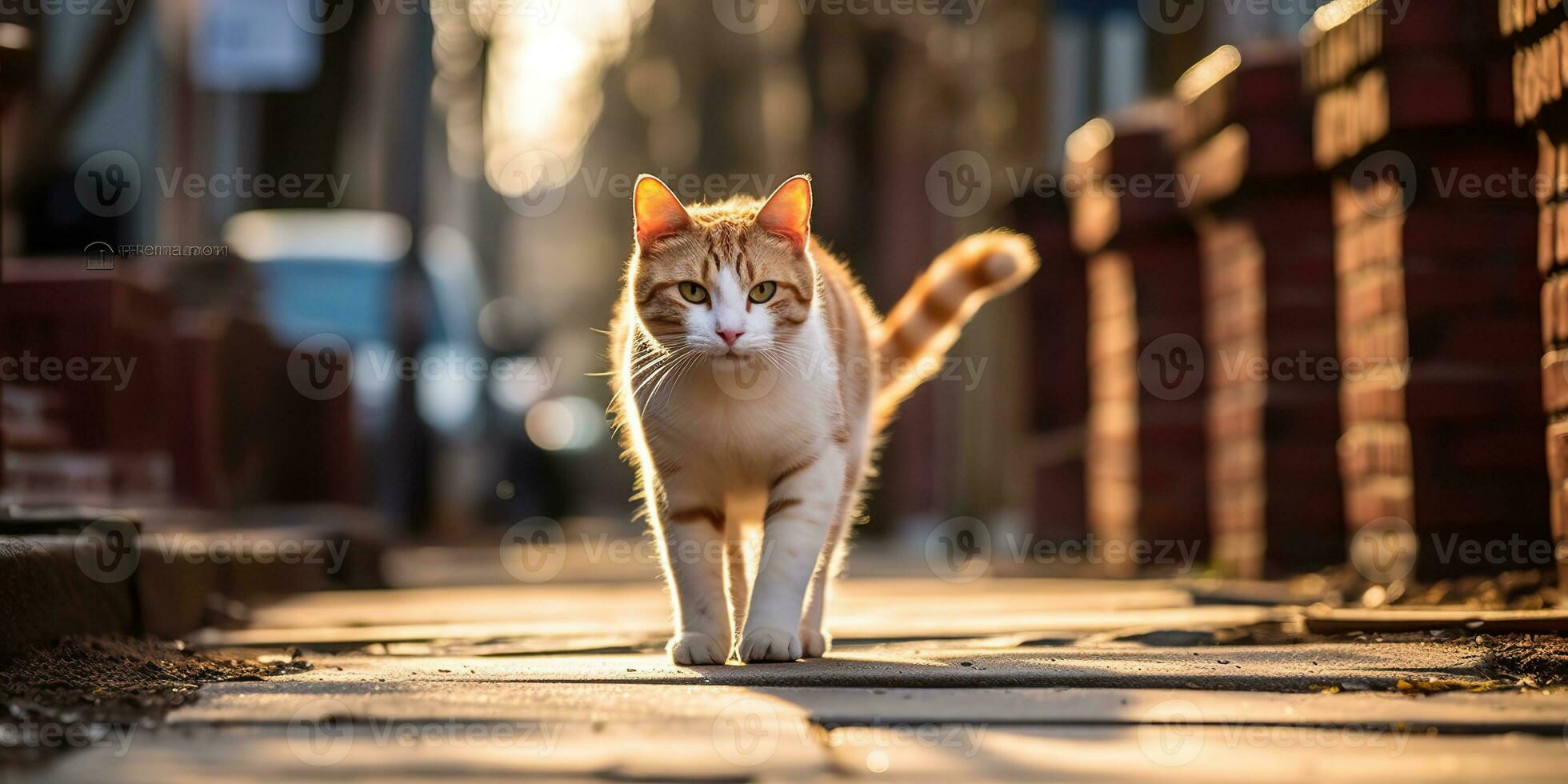 ai generato. ai generativo. uno solitario gatto animale domestico a piedi strada città urbano sfondo. grafico arte foto