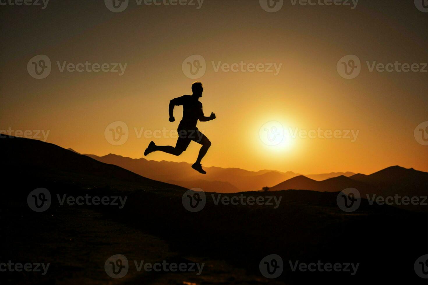 in esecuzione silhouette, gioventù gare montagna tramonto, simboleggiante vibrante, attivo stile di vita ai generato foto