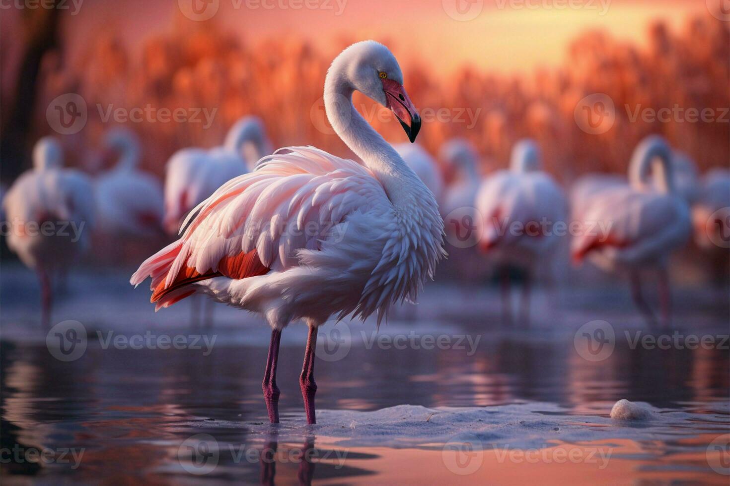 grazioso fenicotteri guadare nel un' sereno lago, loro riflessi danza sotto ai generato foto