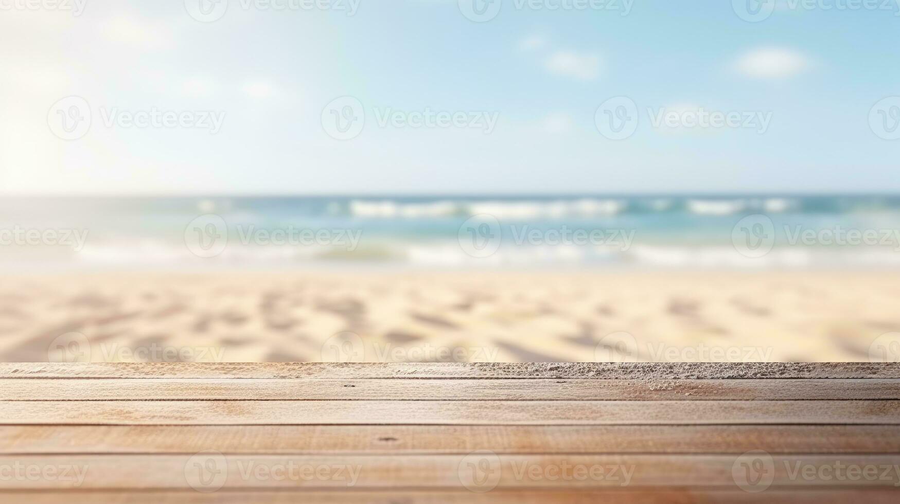 di legno tavolo impostato contro un' fondale di il mare, un isola, e un' vivace blu cielo. foto