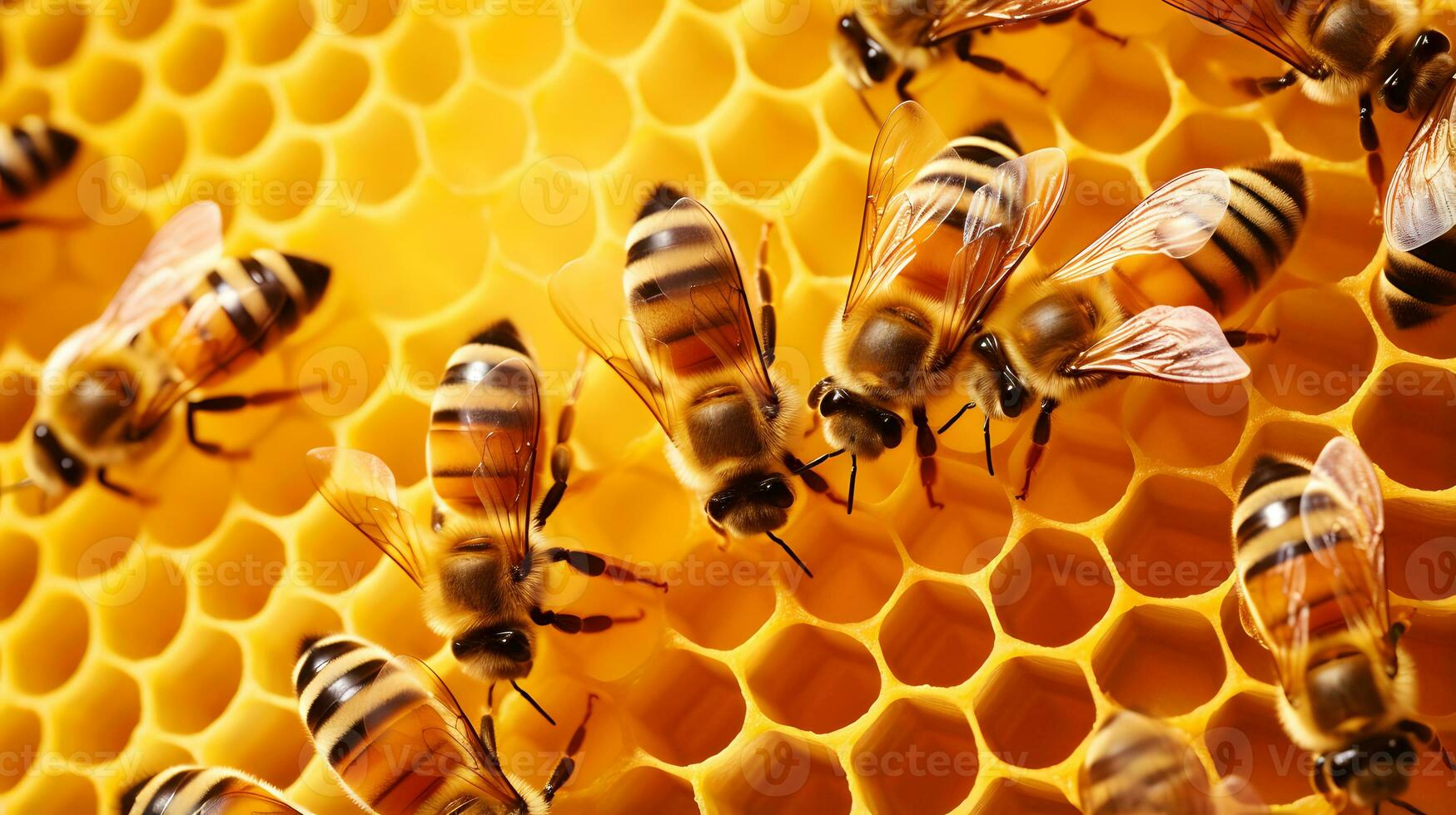 vista ravvicinata delle api di lavoro su honeycells foto