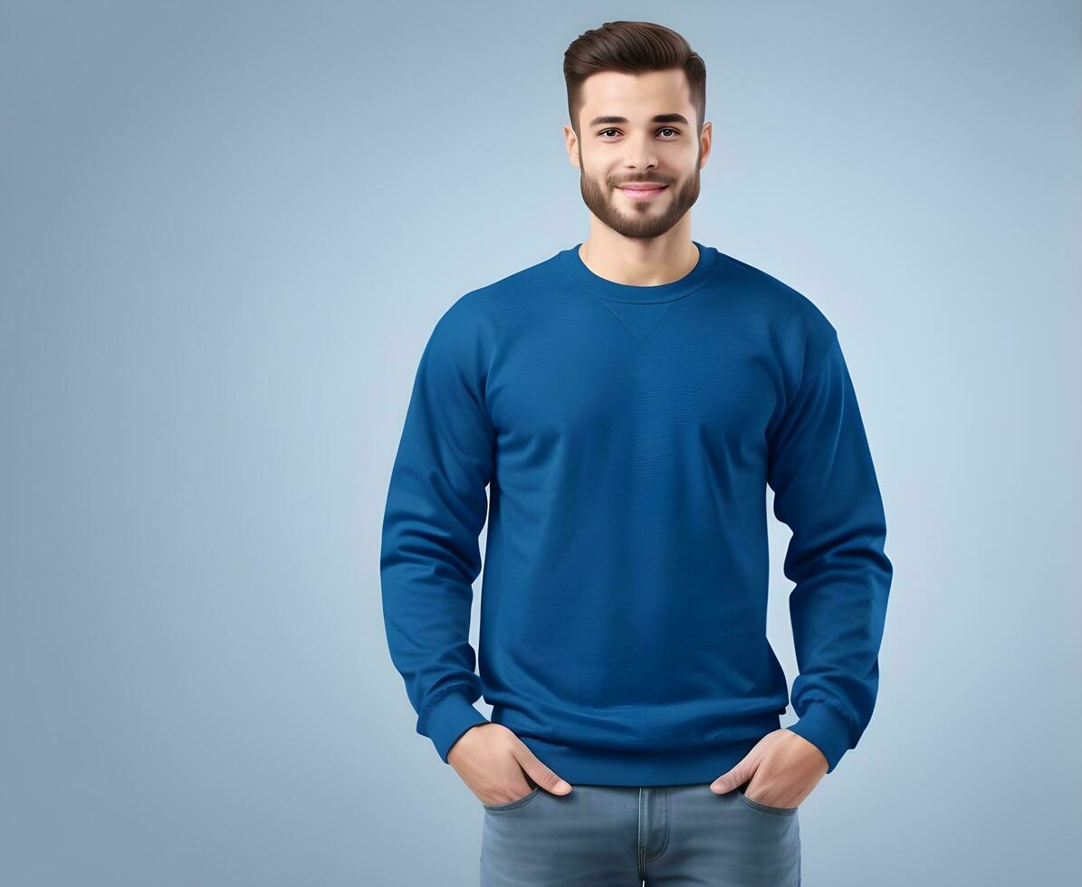 giovane uomo indossare vuoto flo blu maglione modello Stampa presentazione modello ai creare foto