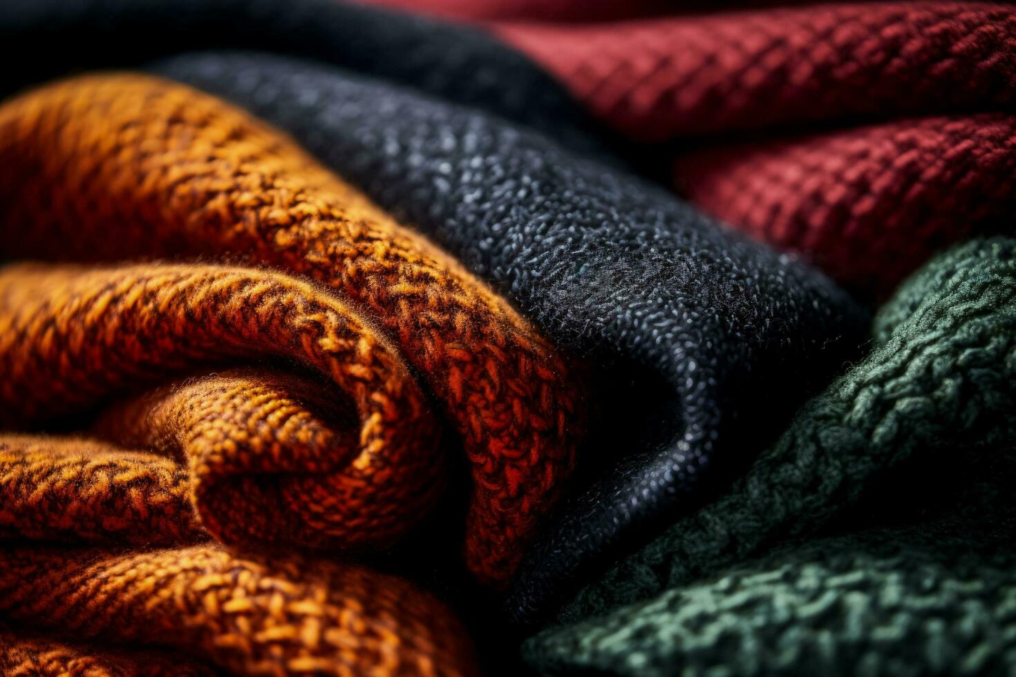 vicino su immagini cattura il ricco textures di intrecciata di lana tessuti foto
