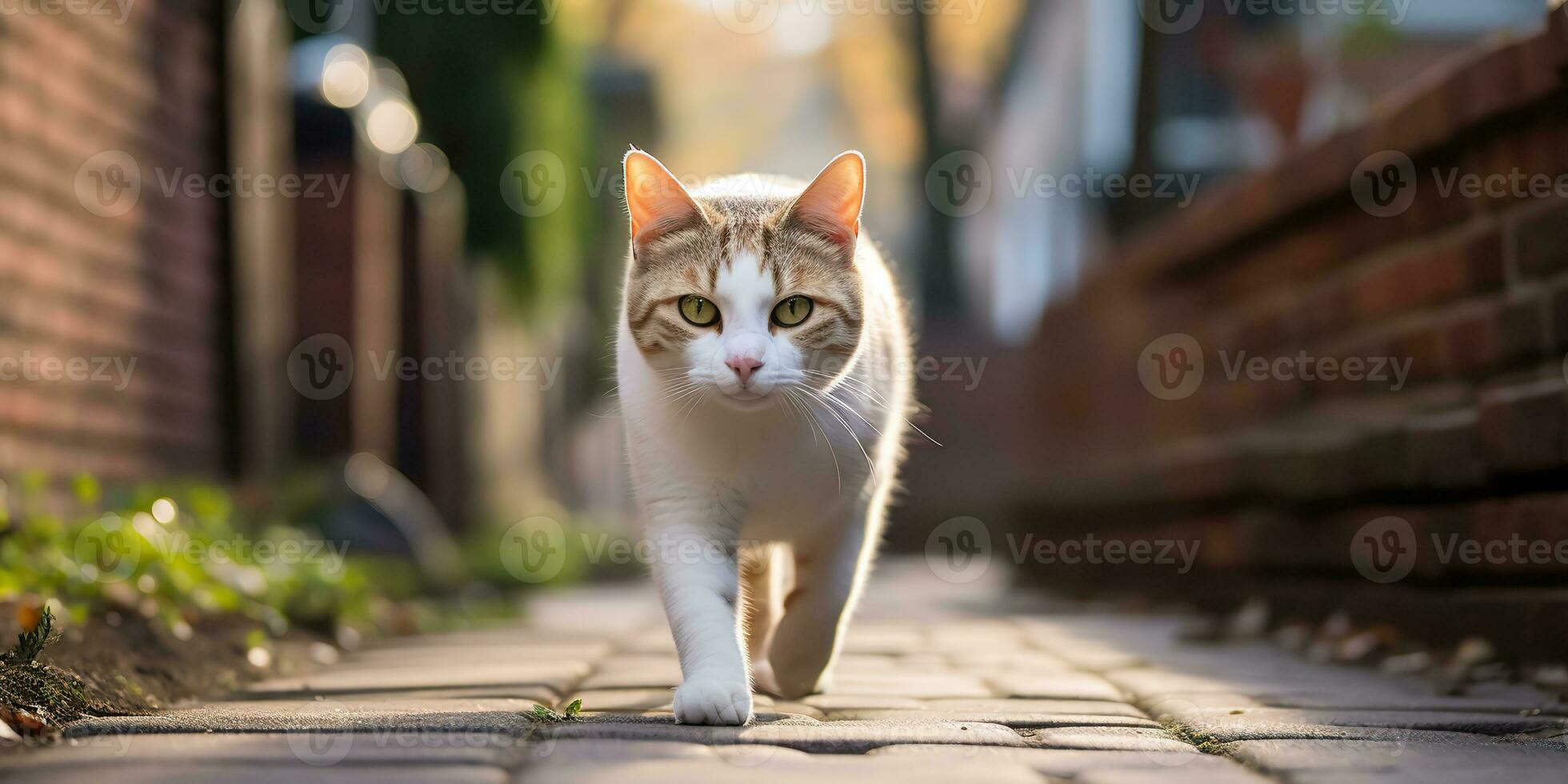 ai generato. ai generativo. uno solitario gatto animale domestico a piedi strada città urbano sfondo. grafico arte foto