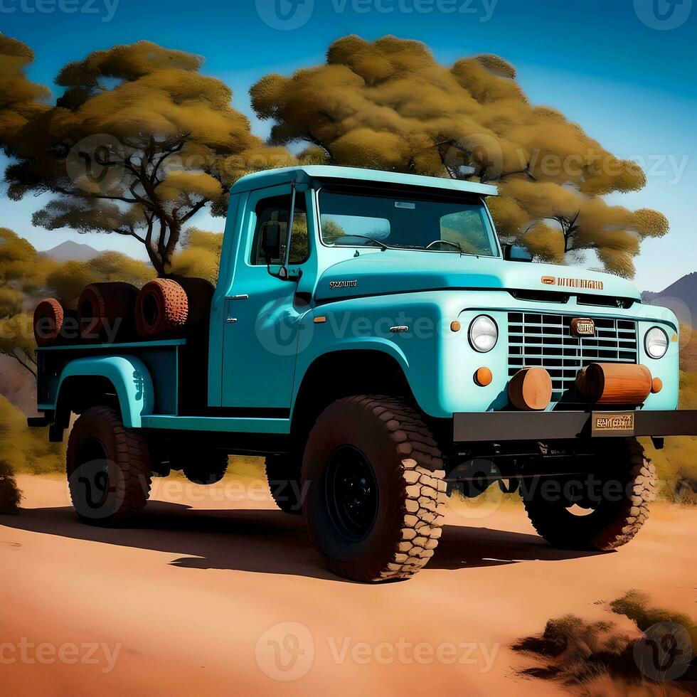 3d interpretazione realistico blu camionetta con selvaggio sfondo. generativo ai foto