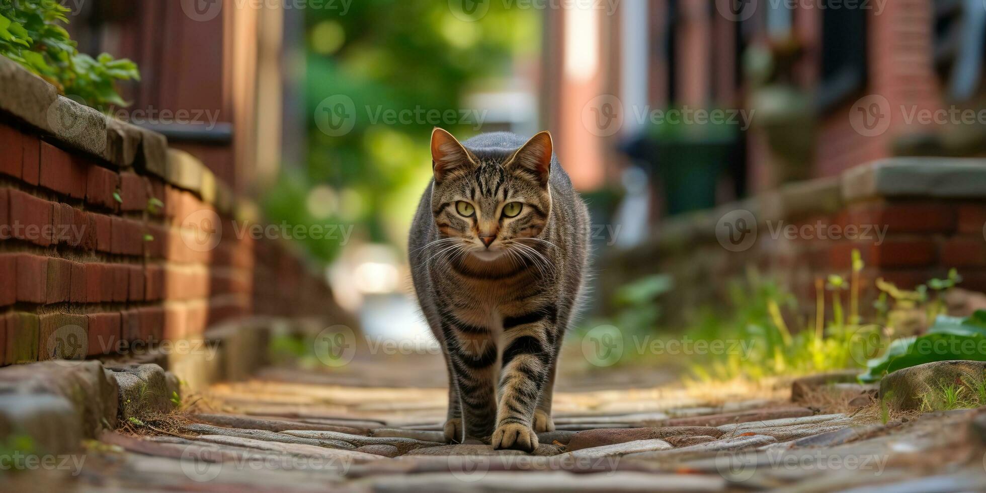 ai generato. ai generativo. uno solitario gatto animale domestico a piedi strada città urbano sfondo. grafico arte foto