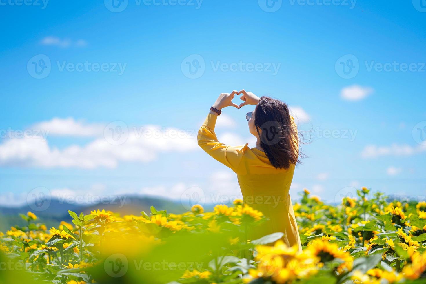 felice estate spensierata donna nel campo di girasoli in primavera. mani di donna asiatica multirazziale allegra che formano una forma di cuore sul campo di girasoli foto