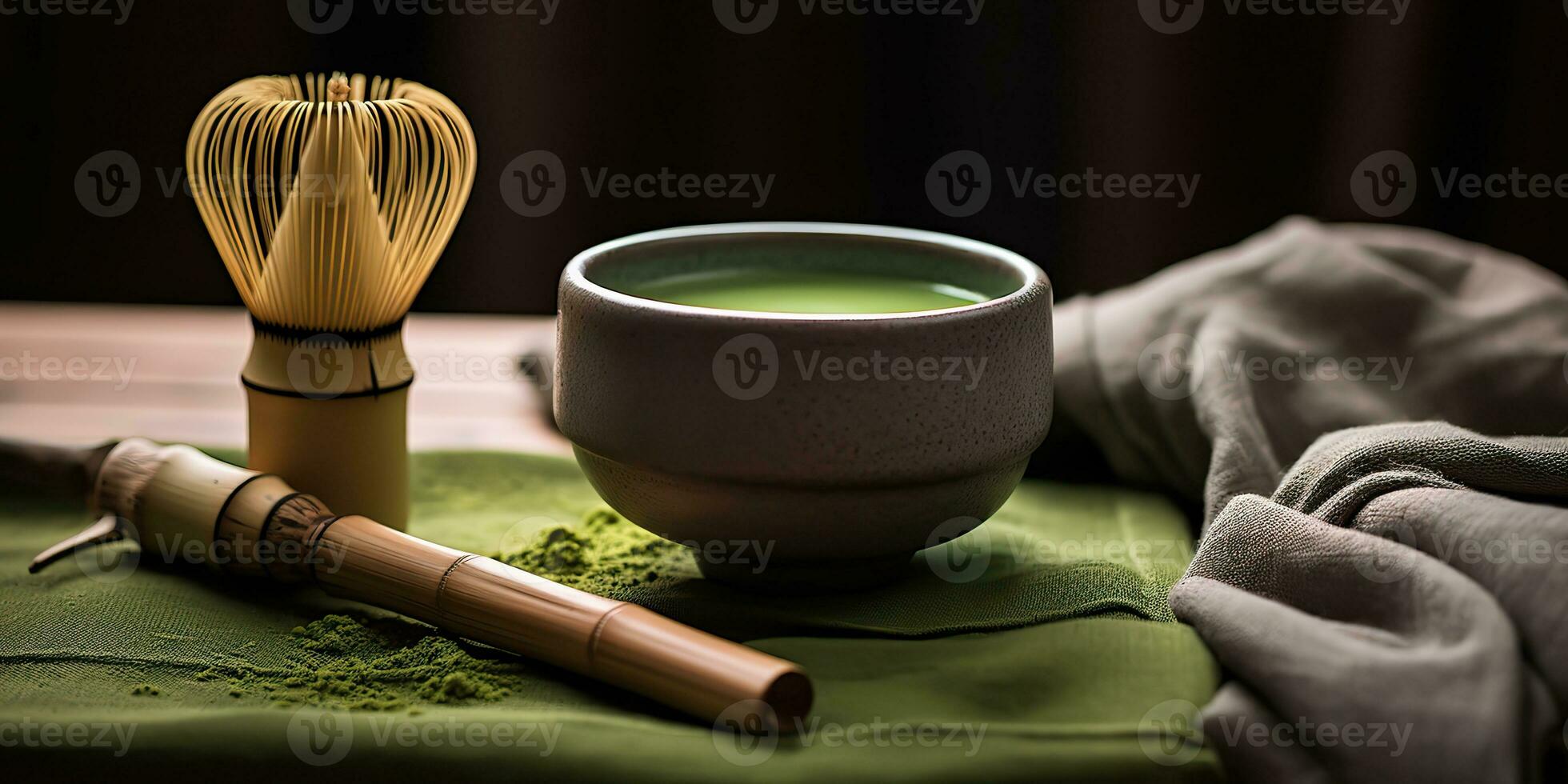 ai generato. ai generativo. tradizionale giapponese asiatico matcha tè cerimonia. ciotola, di legno asciutto biologico cucchiaio polvere. grafico arte foto