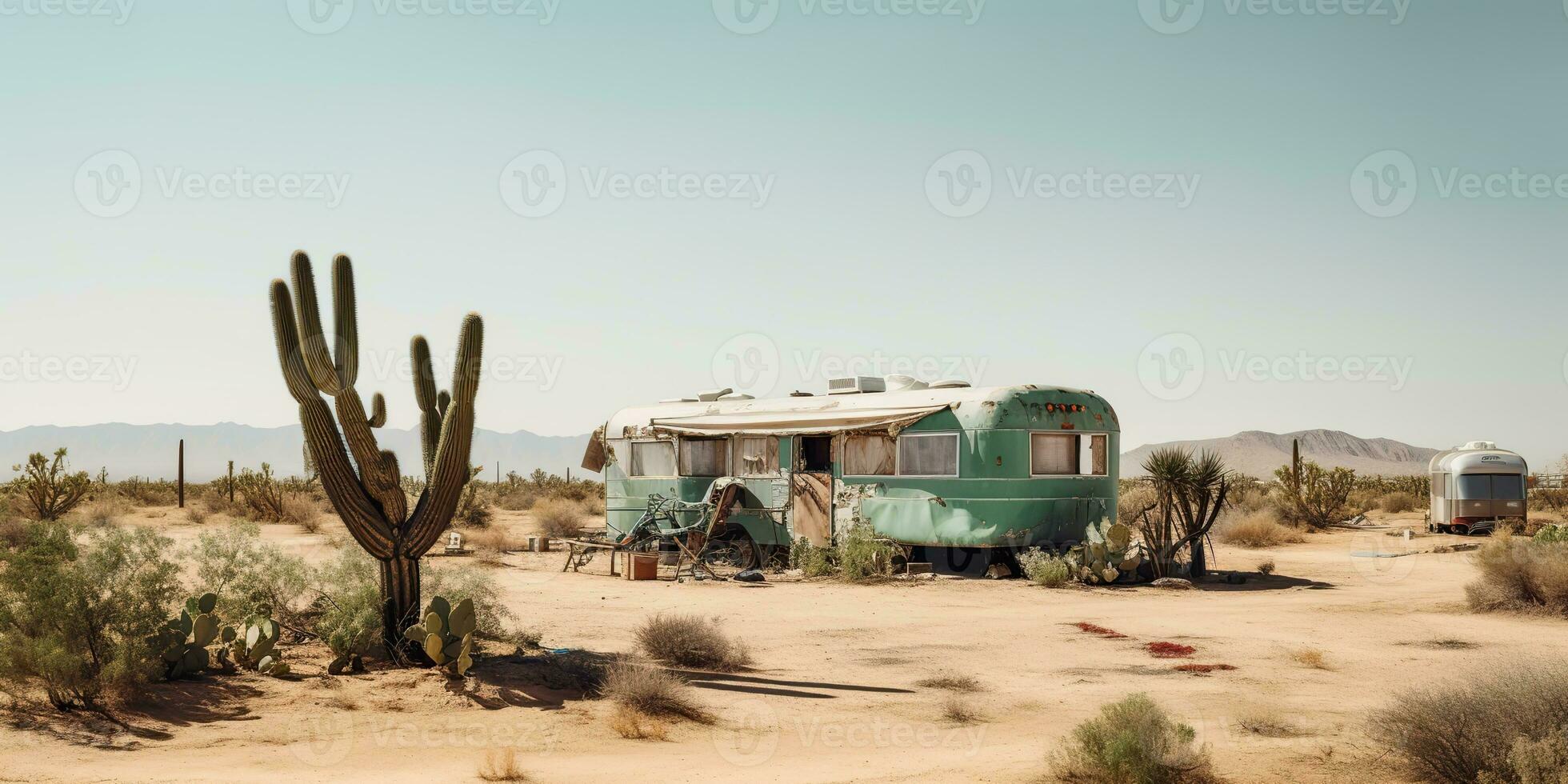 ai generato. ai generativo. vecchio metallo rustico abbandonato Vintage ▾ camper rv auto Casa nel deserto. avventura sfondo stile di vita. grafico arte foto