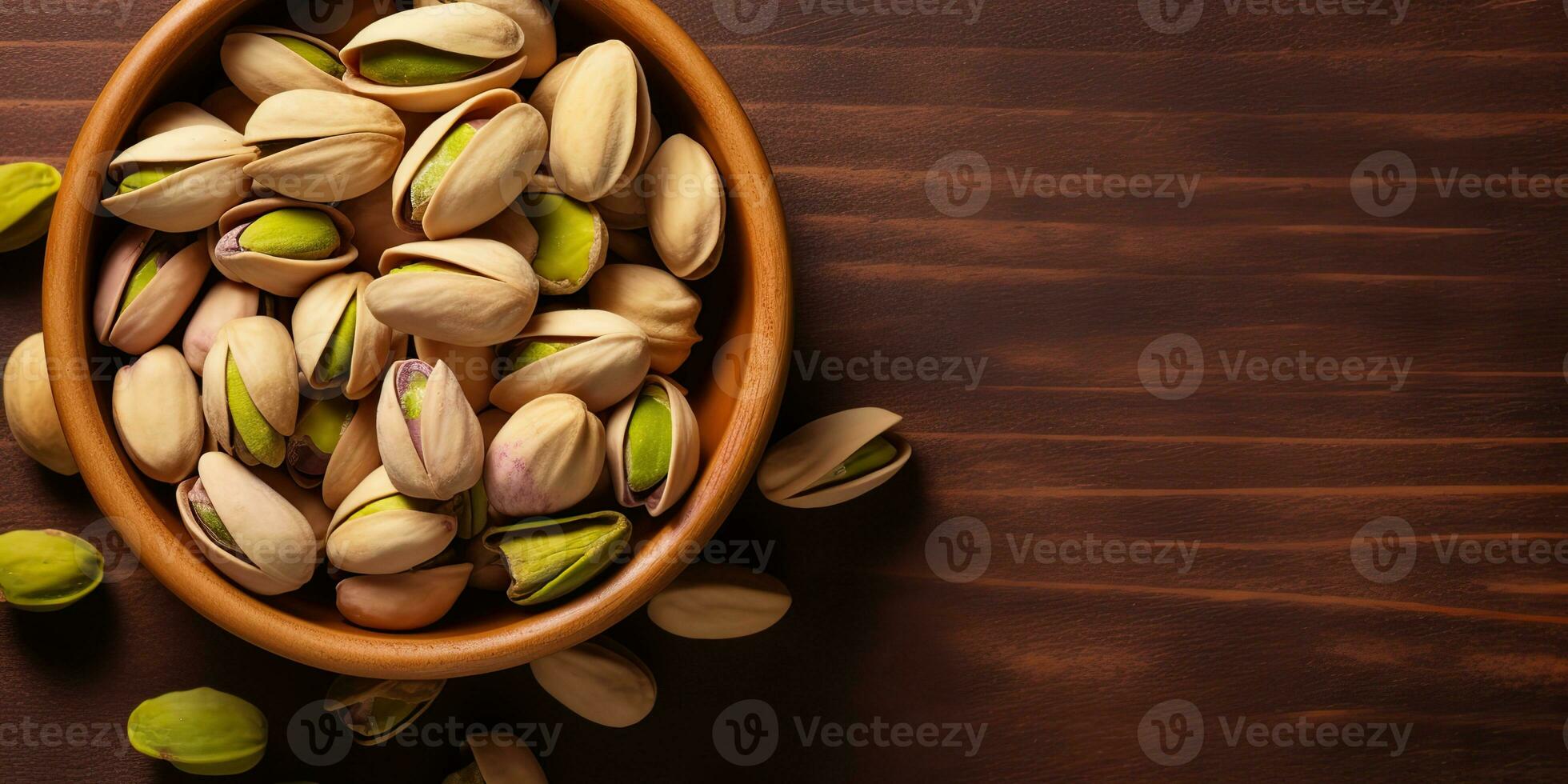 ai generato. ai generativo. pistacchio noccioline nel ciotola nel di legno tavolo. salutare vegano biologico cibo. grafico arte foto