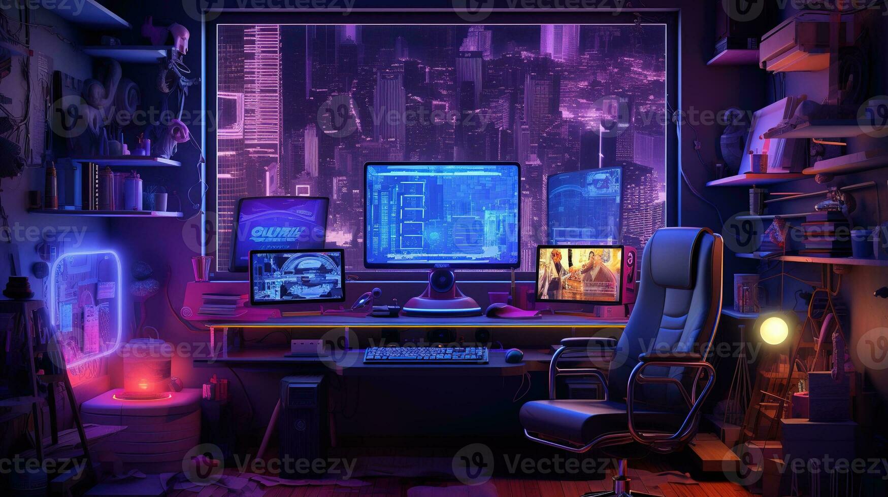 generativo ai, computer su il tavolo nel cyberpunk stile, nostalgico anni 80, anni 90. neon notte luci vivace colori, fotorealistico orizzontale illustrazione di il futuristico interno. tecnologia concetto. foto